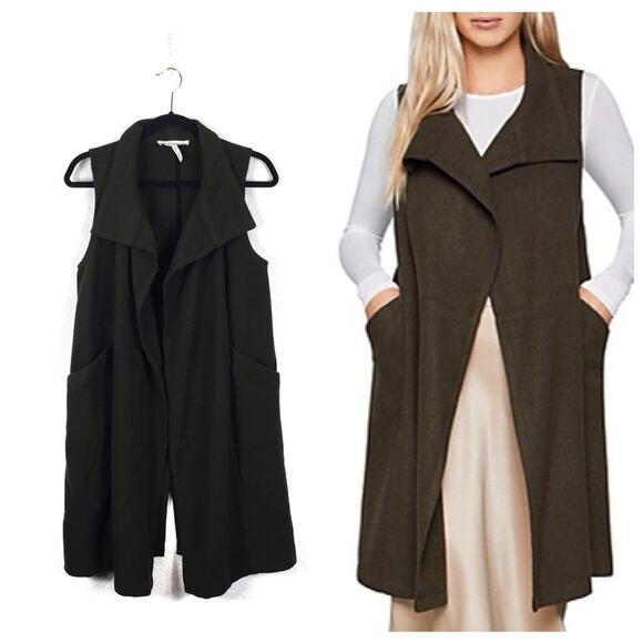 BCBGeneration Green Wool Long Open Front Military Duster Vest Size Small - Picture 1 of 12